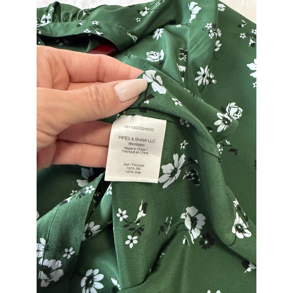 Veronica Beard | SZ 2 | Ashlynn Floral Silk Blouse Green White Button Front - Picture 9 of 11